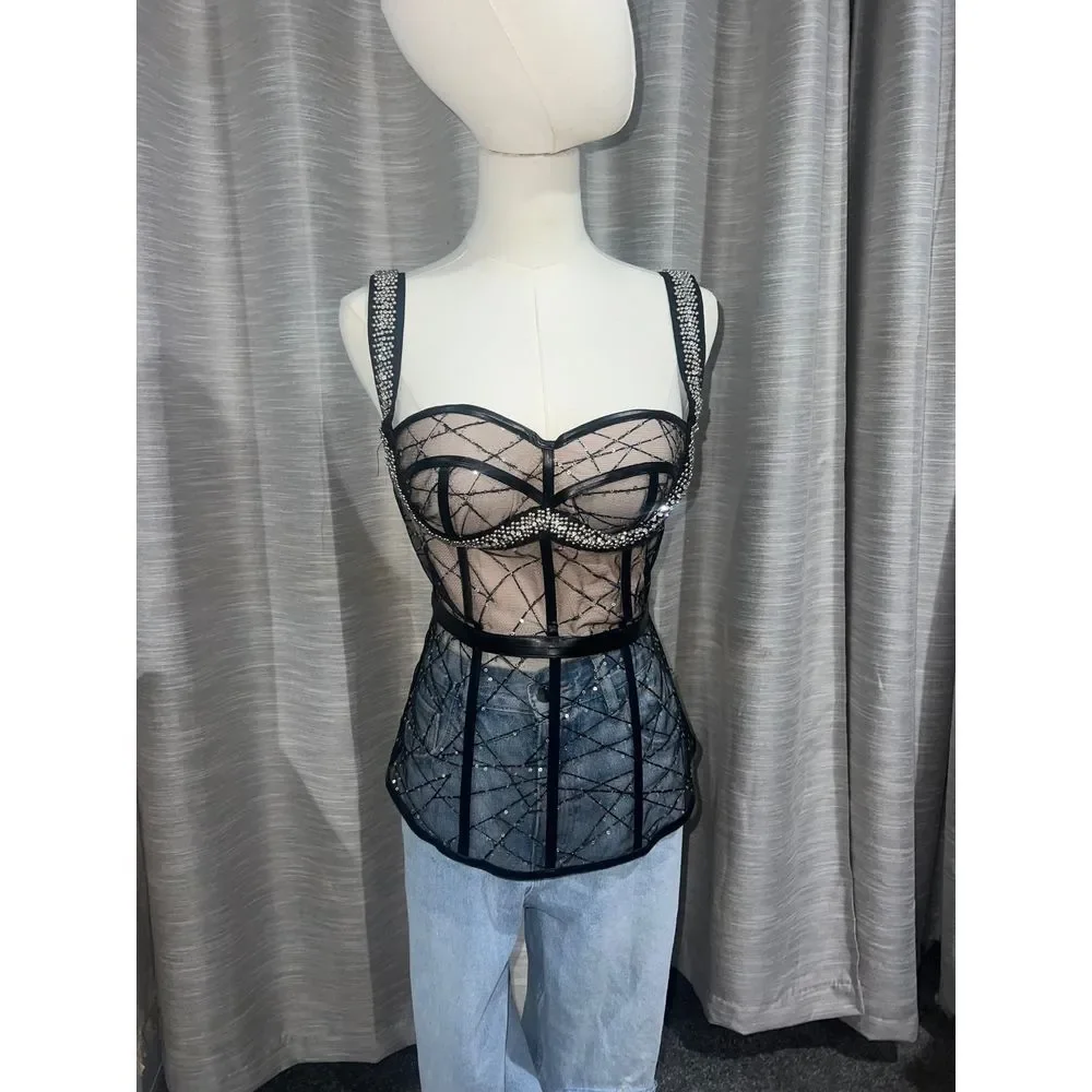 AKIRA Black and Nude Embellished Tank Top - Picture 2 of 4
